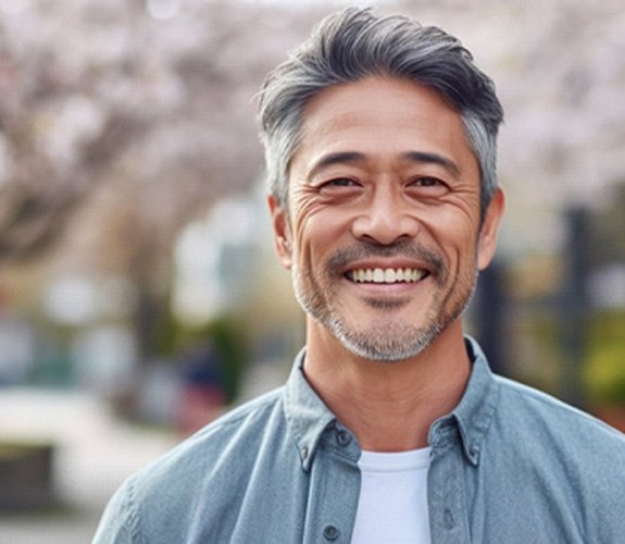 Middle-aged man smiling after receiving dental implant post-op instructions in Wilmington