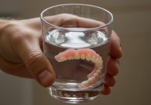 Person holding a glass with dentures soaking in water